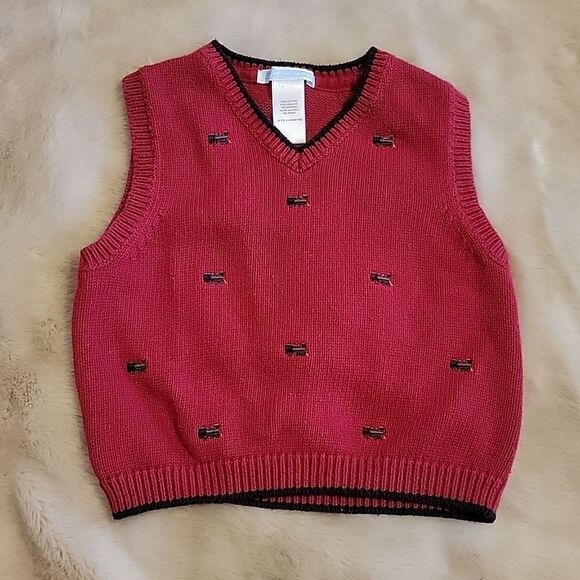 JANIE AND JACK RED SWEATER VEST WITH EMBROIDERED TRAINS, SIZE 18-24 MONTHS - Picture 1 of 4